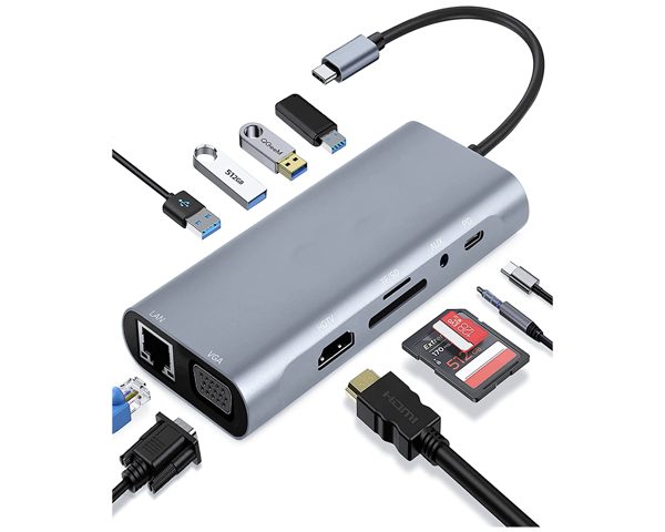 Hub 11 in1 USB-C vers VGA+4 USB+HDMI 4K+SD card+RJ45+audio