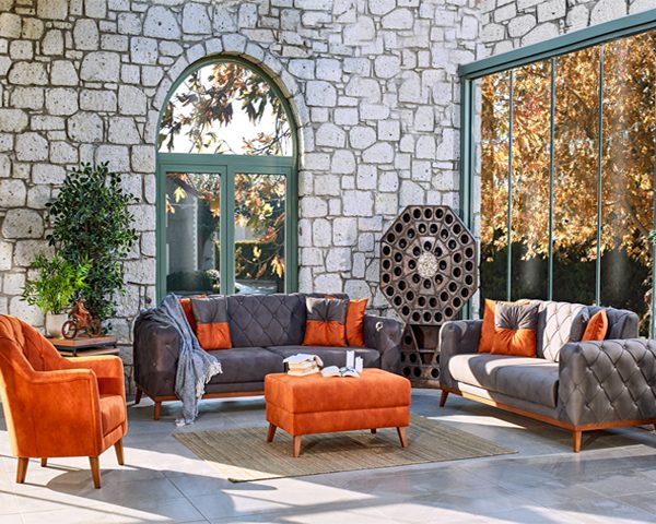 SALON TISSU 6 PLACES FENTON COULEUR GRIS FONCE G50/ ORANGE G53