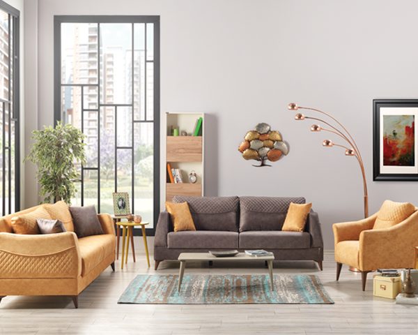 SALON TISSU 6 PLACES JENNA COULEUR GRIS 5215+JAUNE 5209