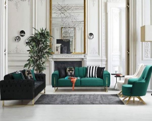 SALON TISSU 8 PLACES (3+3+1+1) LONDRA COULEUR VERT/NOIR/BEIGE