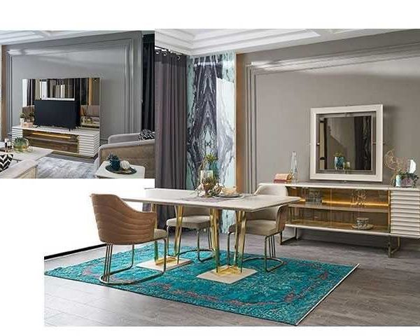 MEUBLE TV VERONA 180*243*55+BUFFET+MIRROIR+TAM 6 PLACES BEIGE/MARRON