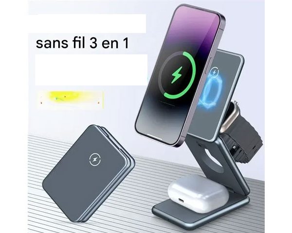 CHARGEUR SUPPORT TELEPHONE PLIABLE SANS FIL 3 EN 1 MAGNETIC