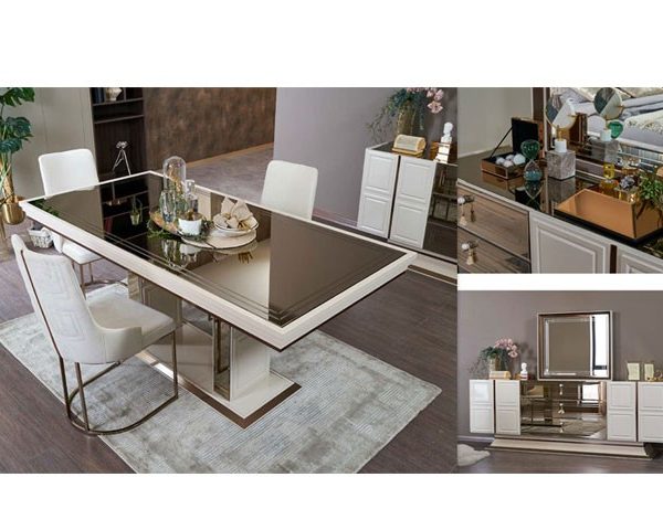 MEUBLE TV FELIX 490x2210x280+BUFFET MIRROIR+TAM 6 PLACES BEIGE ARGENT