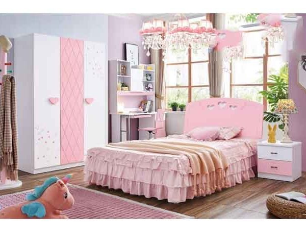 CHAMBRE A COUCHER ENFANT COMPLETE 120X190 REF 872 COULEUR ROSE/BLANC