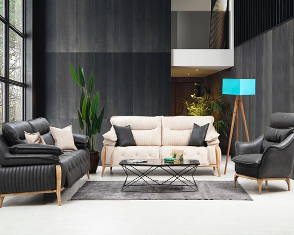 SALON CUIR 8 PLACES NUBUCK SALDA COULEUR NOIRE/CREME