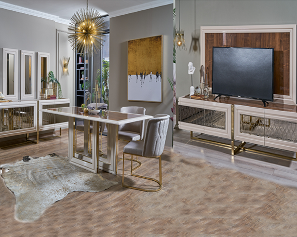 MEUBLE TV LARISSA 2705x475x65+BUFFET MIRROIR+TAM 6 PLACES MINK/CREME