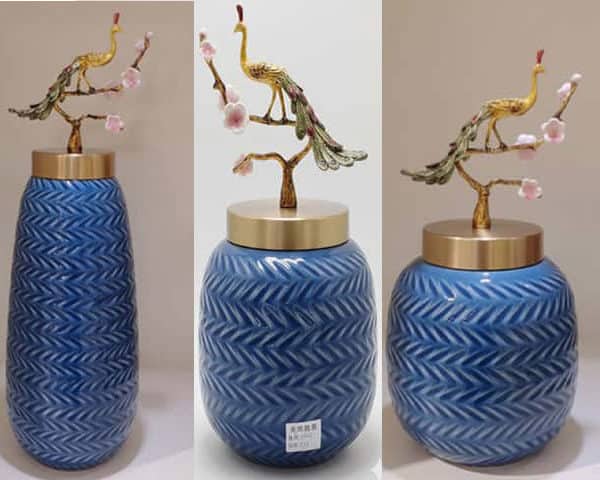 VASE DE DECORATION SET DE 3 PCS H3129 H3128 H3130 COULEUR BLEU/DORE